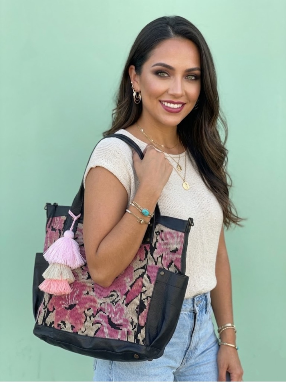 Nena & Co. Pink Floral Patterned Tote Bag with Tassel Accent